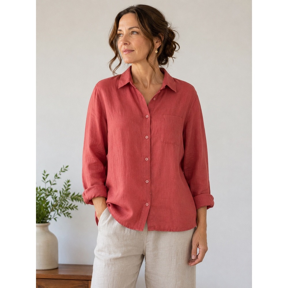 Units‎ Womens Vintage Coral 100% Linen Button-Up Shirt XL Petite
